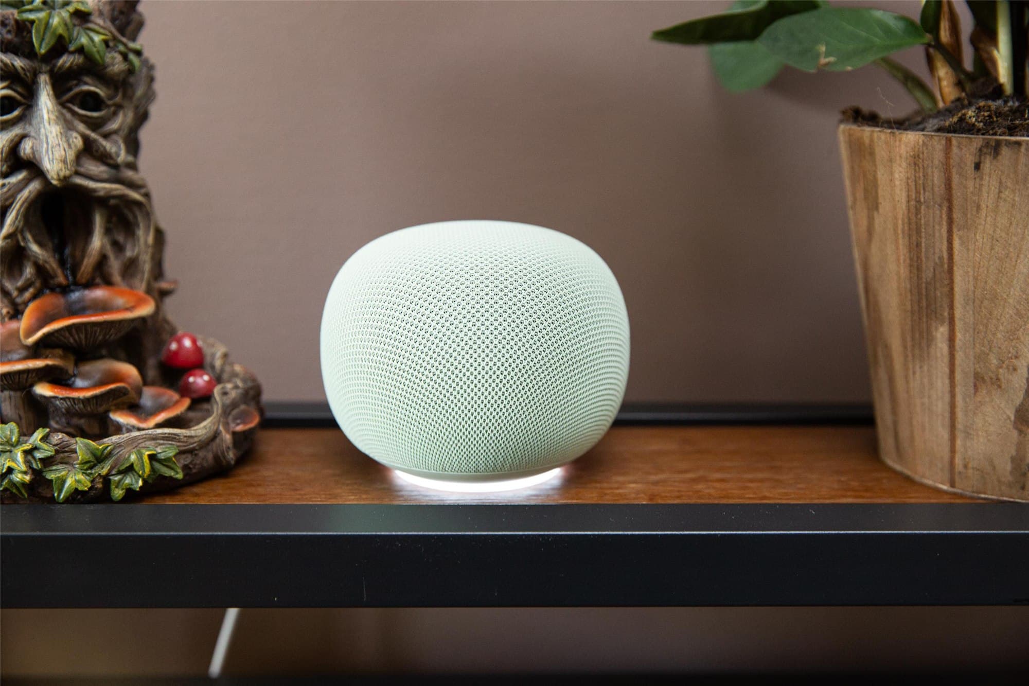 棚に置かれたミントグリーンのGoogle Home Speaker