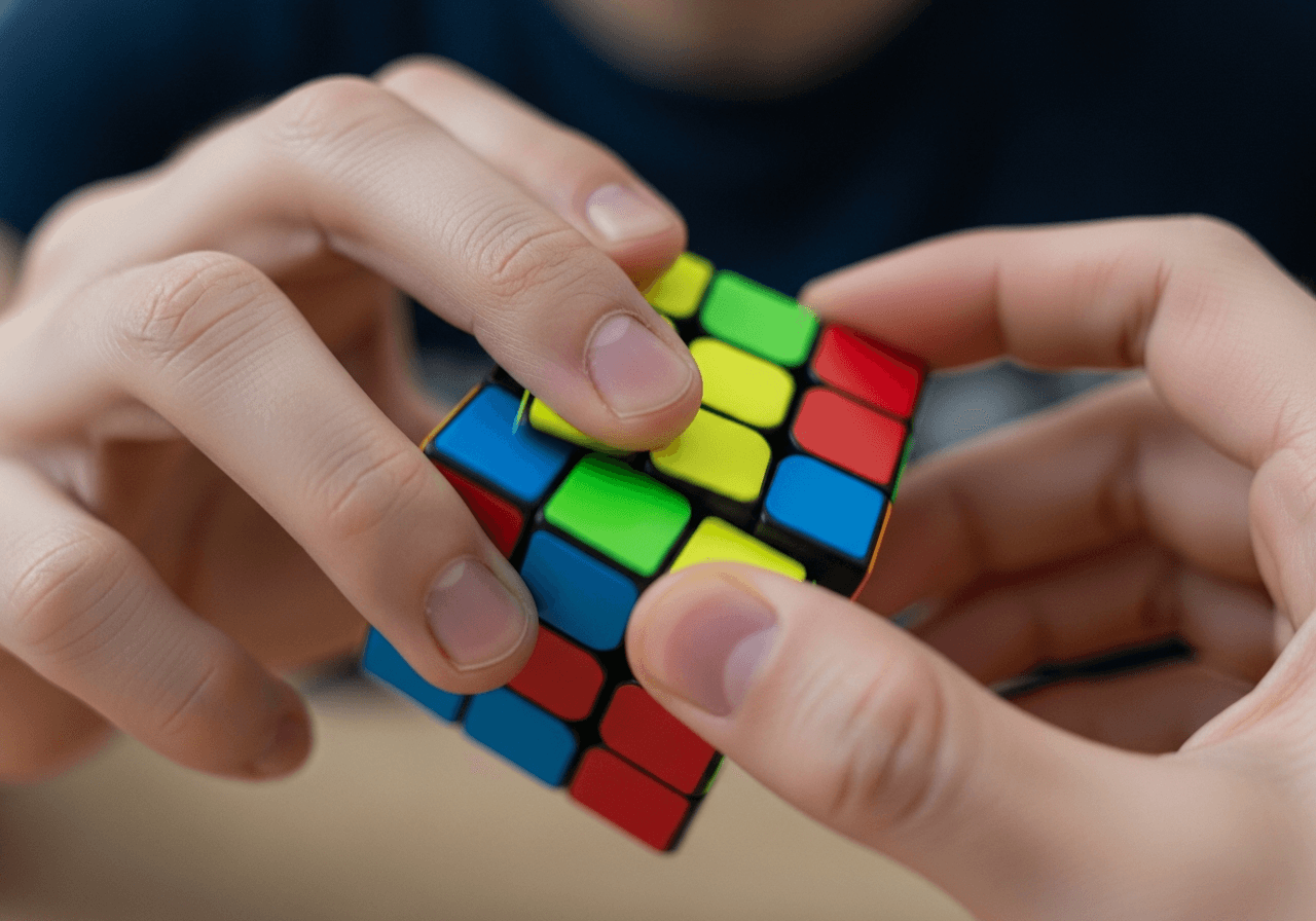 ルービックキューブの一面を両手で回している様子のクローズアップ